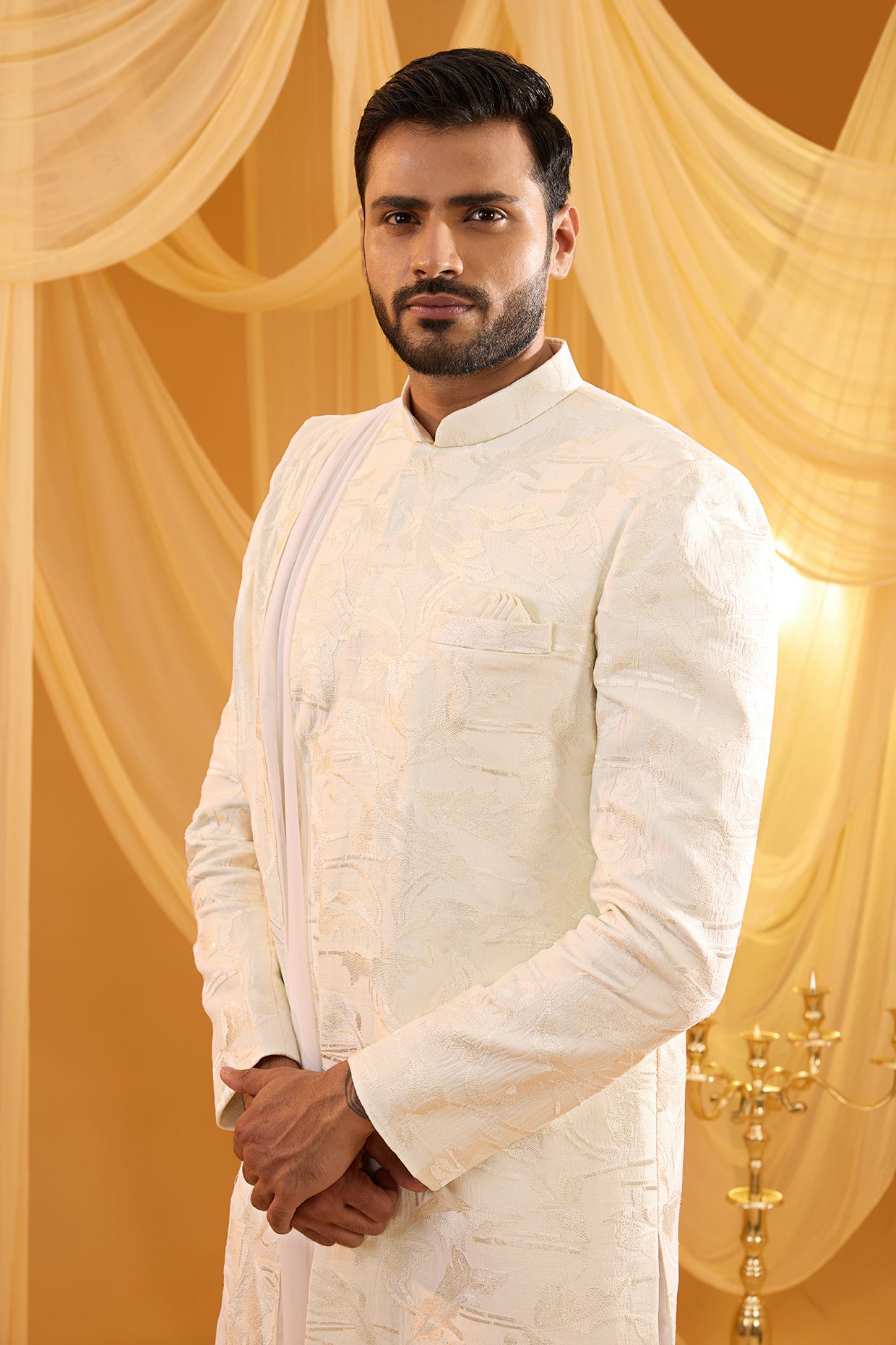 White Floral Embroidered Sherwani Set