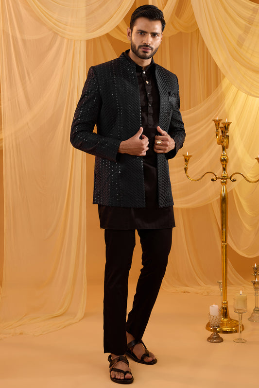 Black Embroidered Indo Western Set