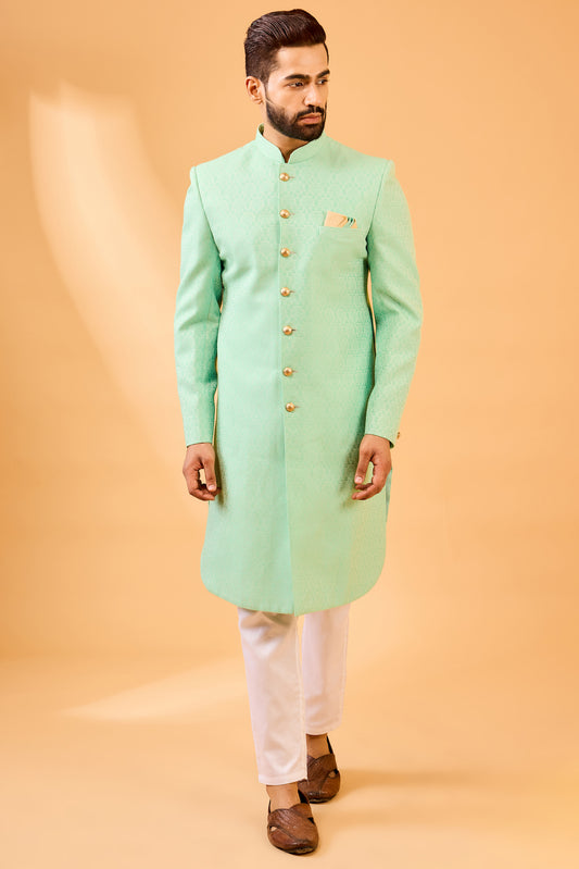 Mint Green Jacquard Sherwani Set