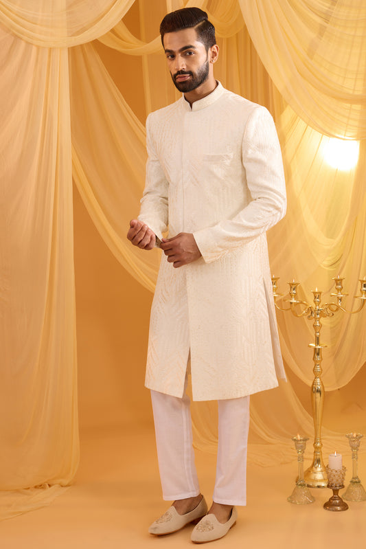 Ivory Collar Embroidered Sherwani Set