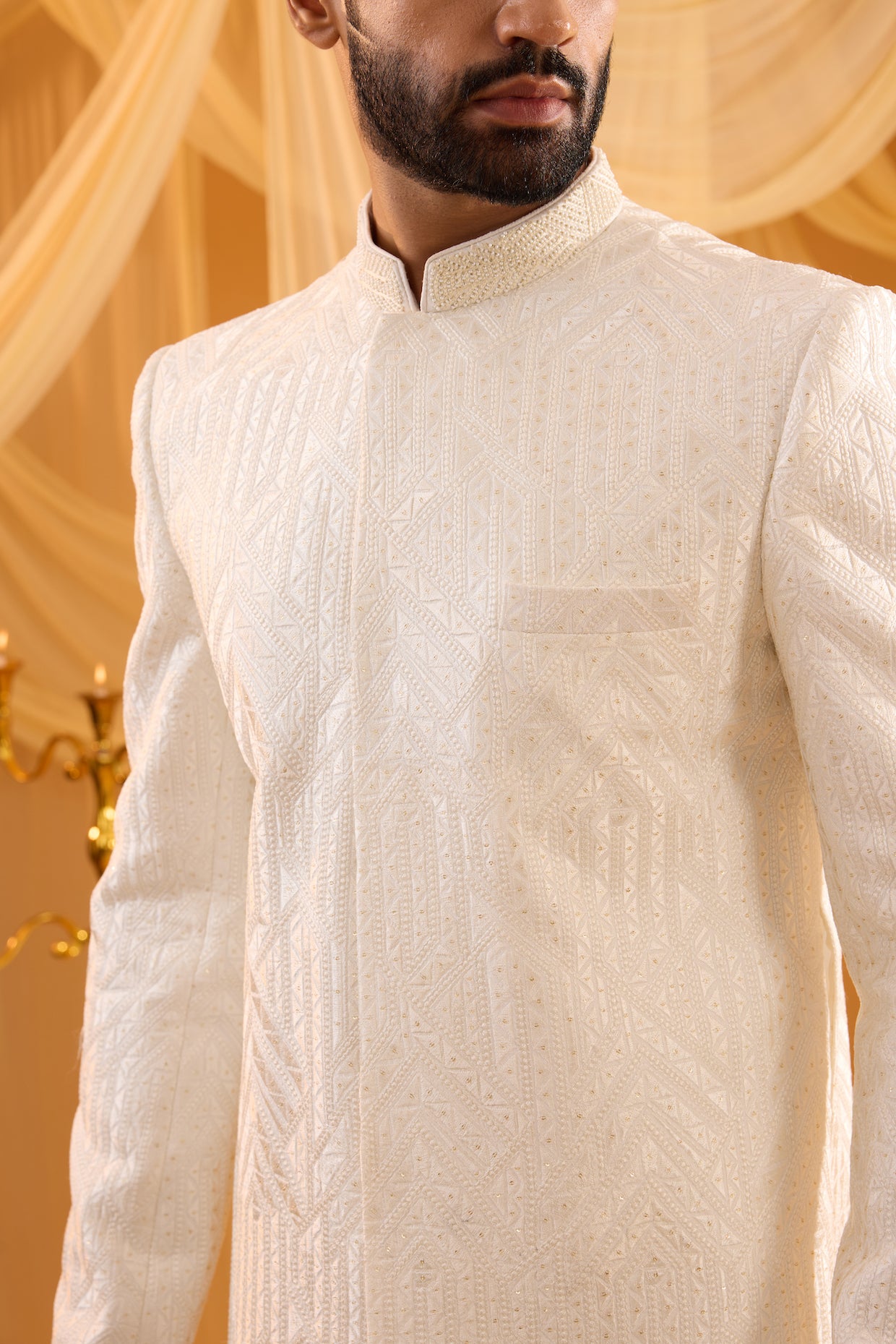 Ivory Collar Embroidered Sherwani Set