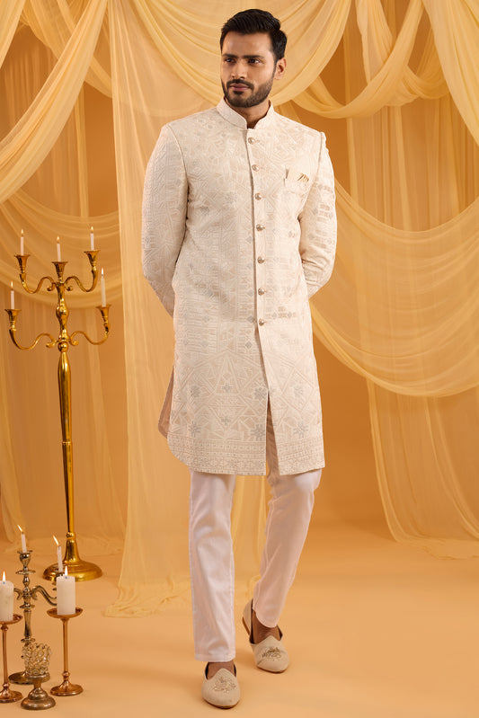 Cream Lucknowi Embroidered Sherwani Set