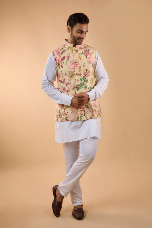 Floral Blended Silk Bundi Jacket Set