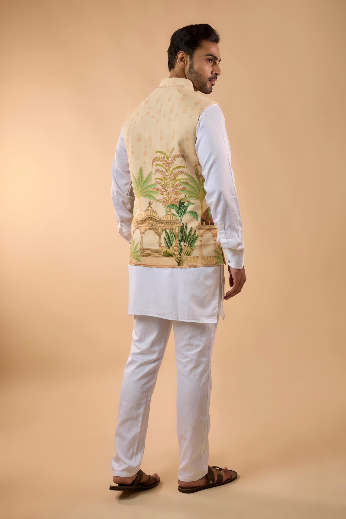 Beige Printed Bundi Jacket Set