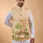 Beige Printed Bundi Jacket Set