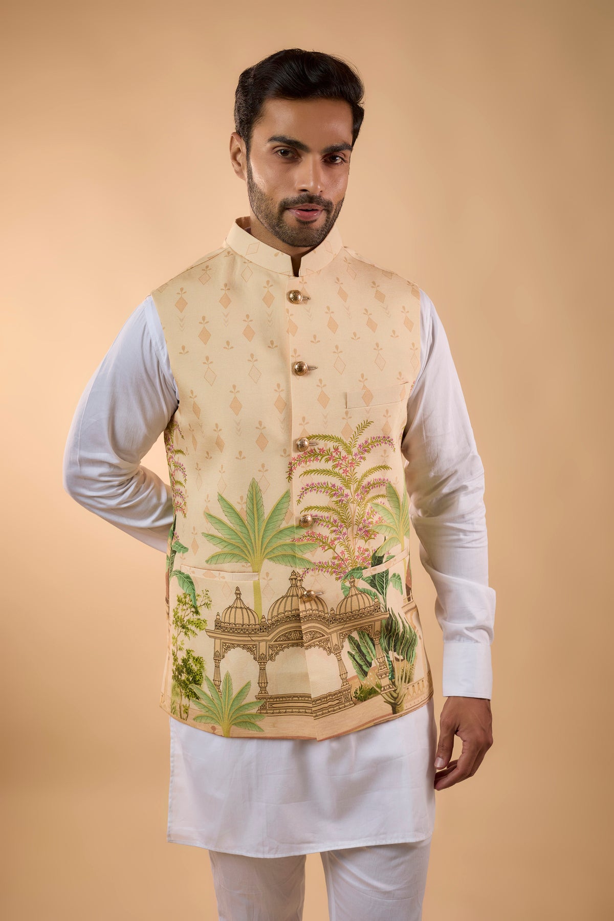 Beige Printed Bundi Jacket Set