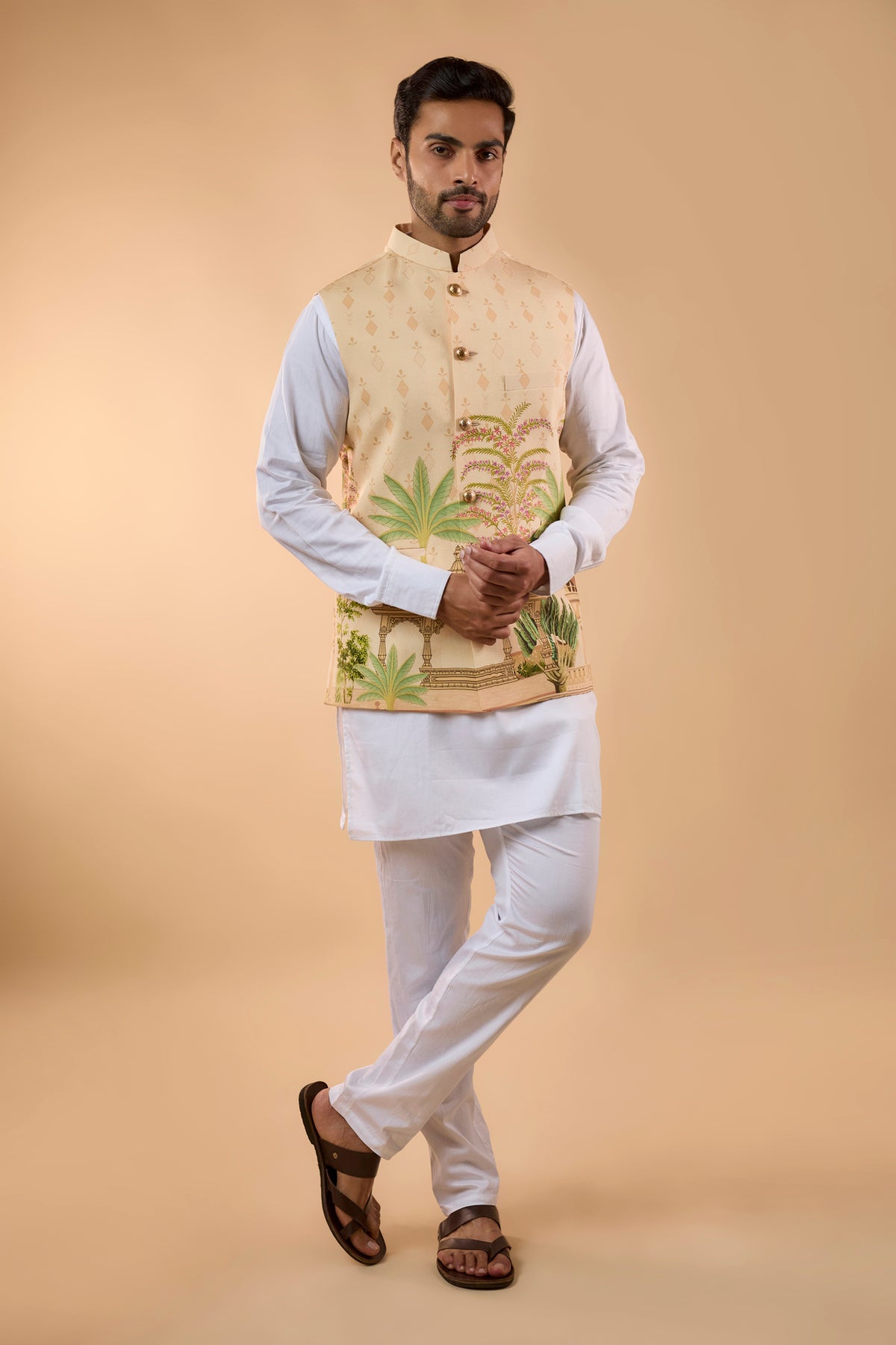 Beige Printed Bundi Jacket Set