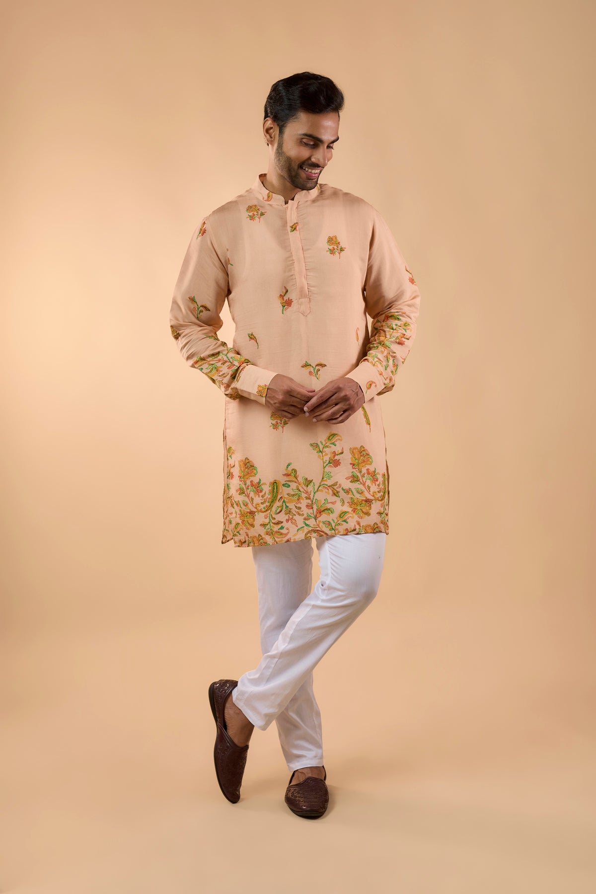 Peach Botanical Print Kurta Set
