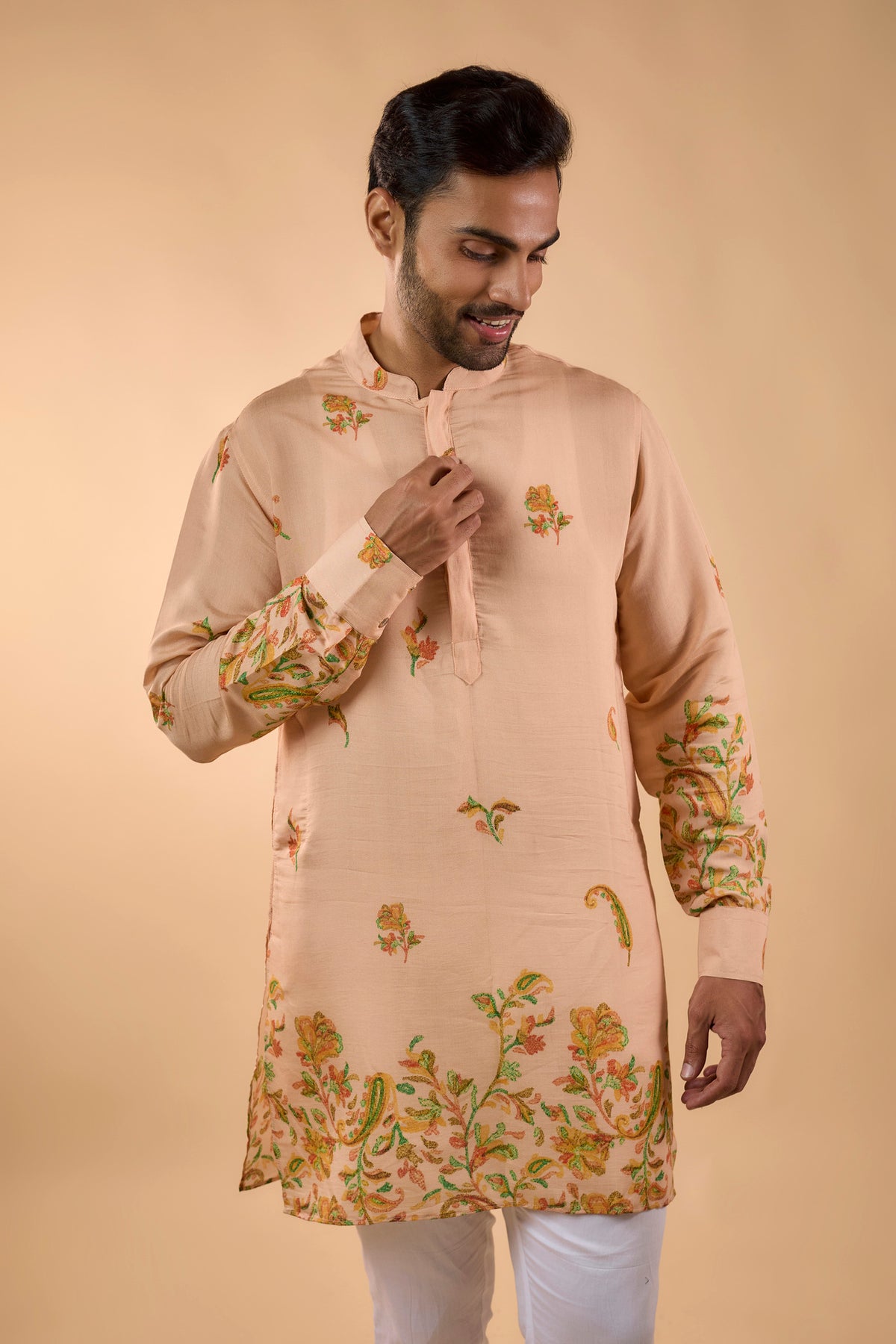 Peach Botanical Print Kurta Set