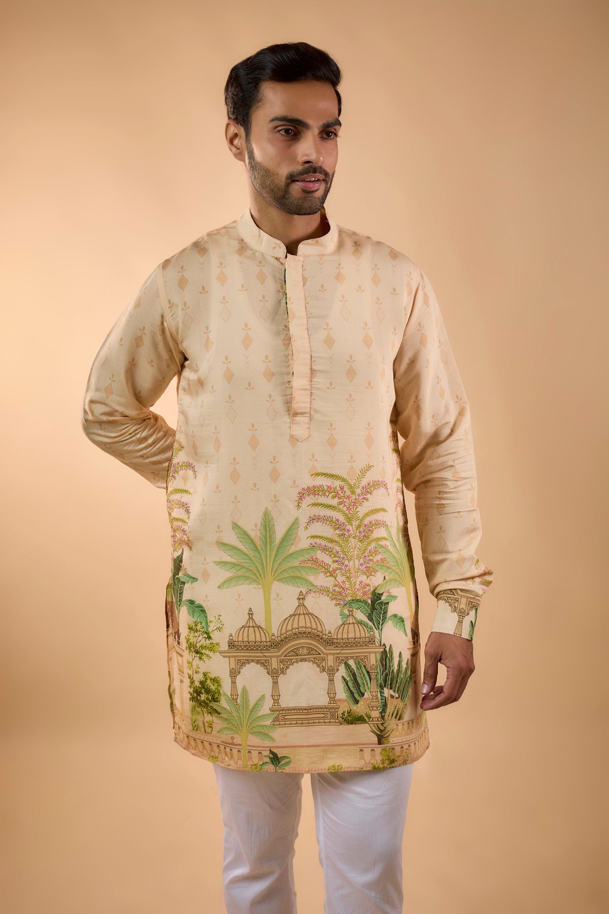 Beige Placement Print Kurta Set