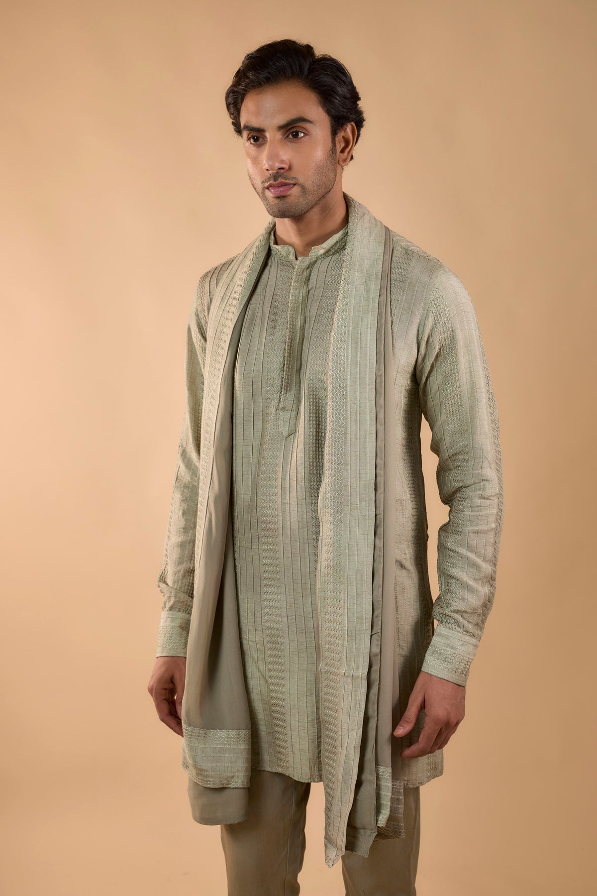 Sage Green Machine Embroidered Kurta Set