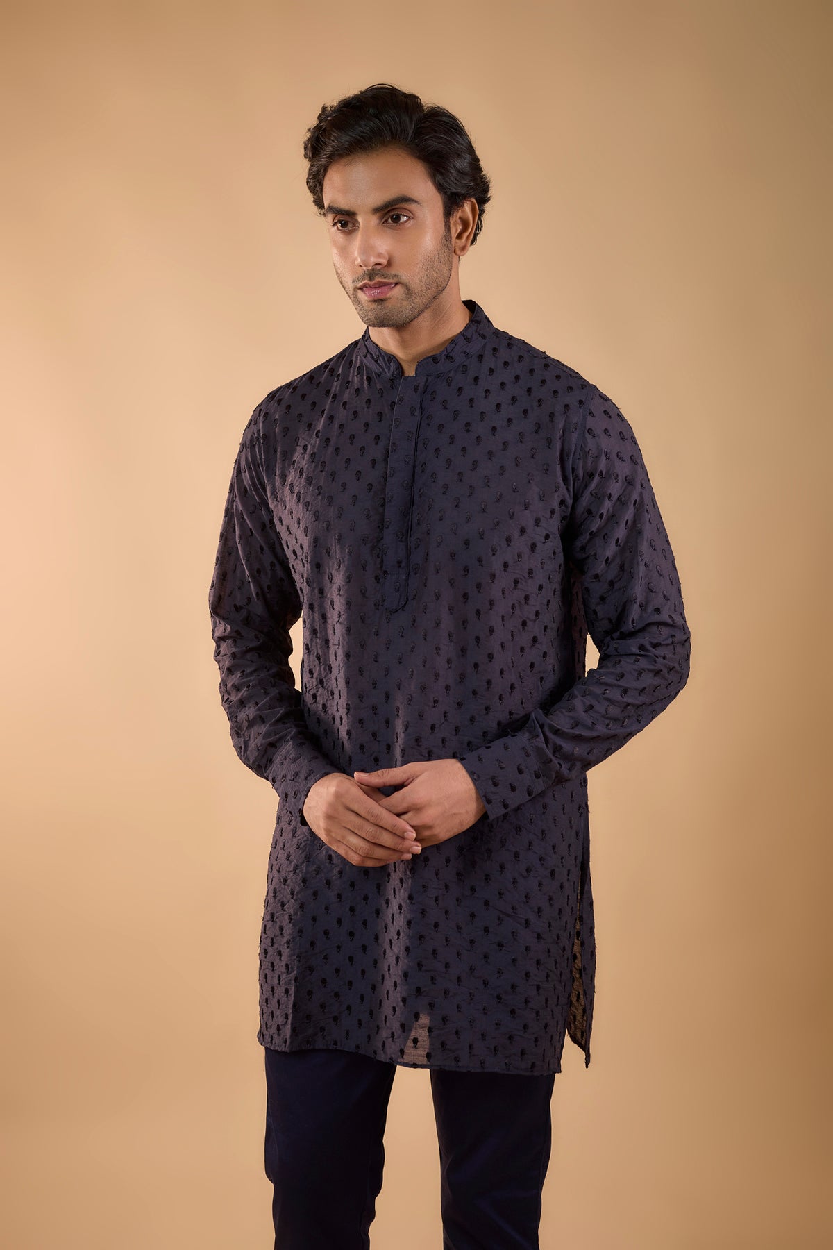 Navy Machine Embroidered Kurta Set