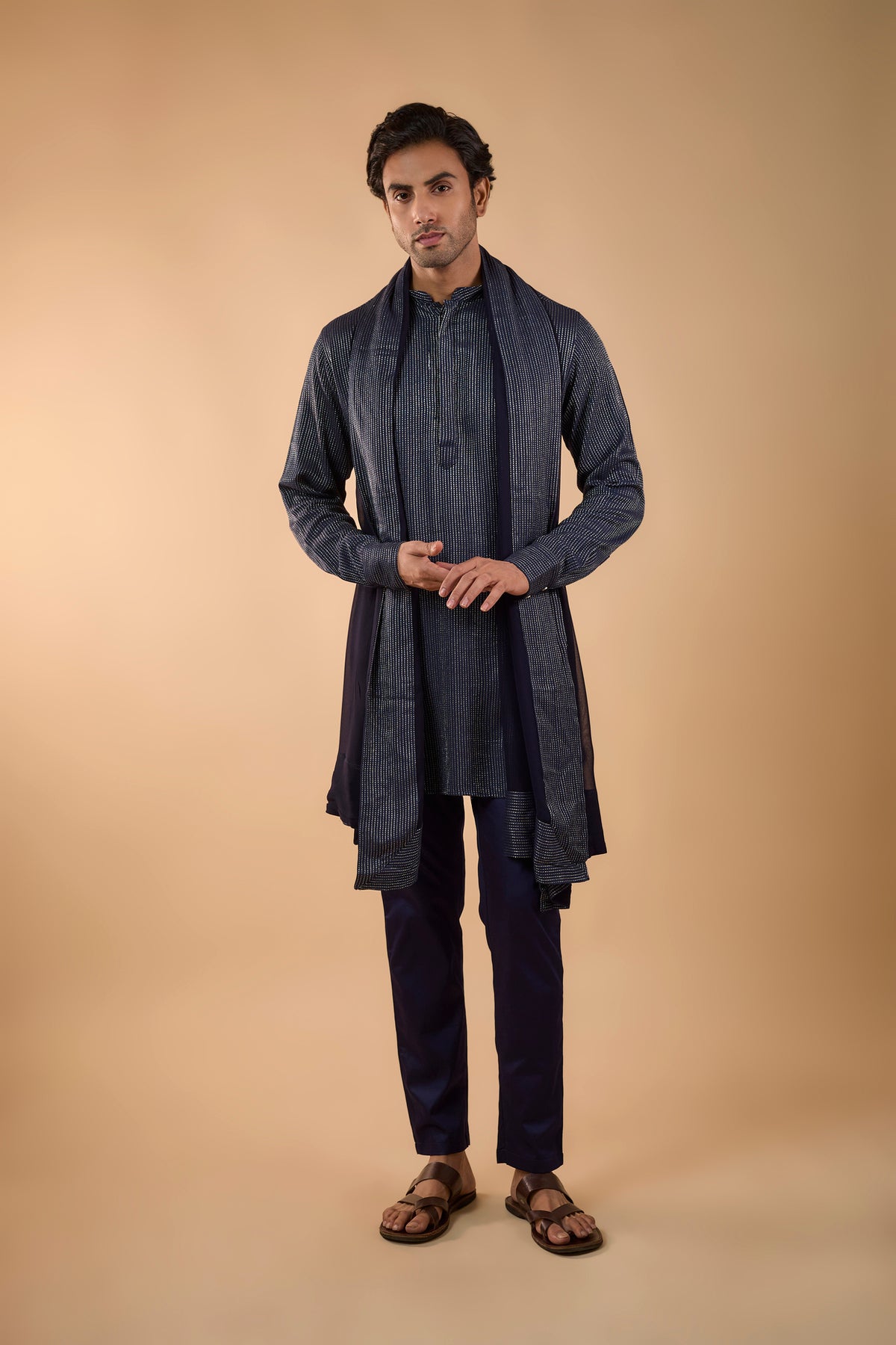 Navy Embroidered Kurta with Dupatta Set