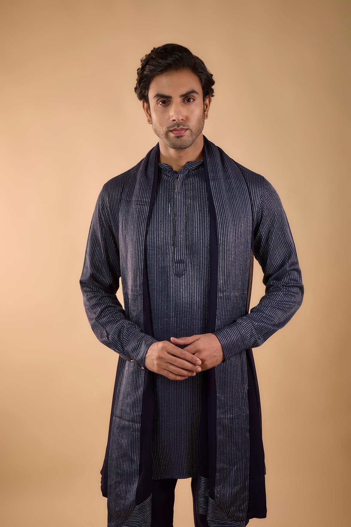 Navy Embroidered Kurta with Dupatta Set