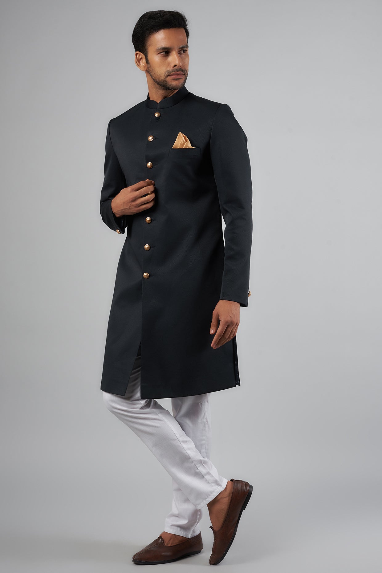 Dark Navy Blue Jacquard Solid Sherwani Set