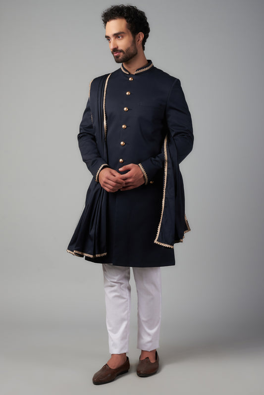 Dark Navy Embroidered Sherwani Set