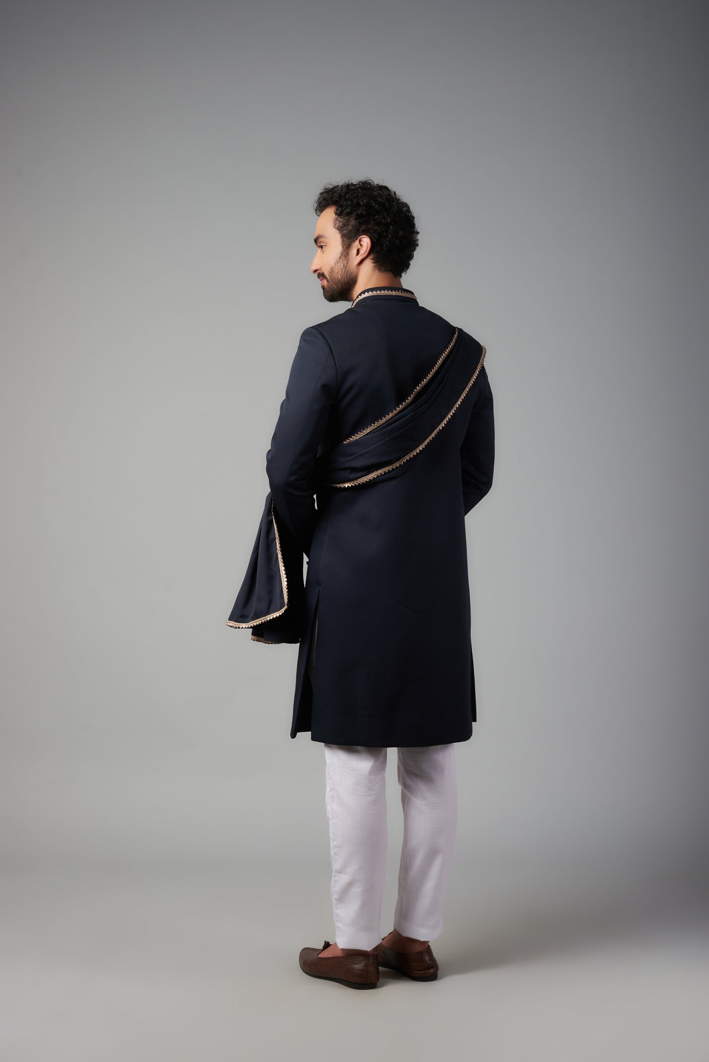 Dark Navy Embroidered Sherwani Set