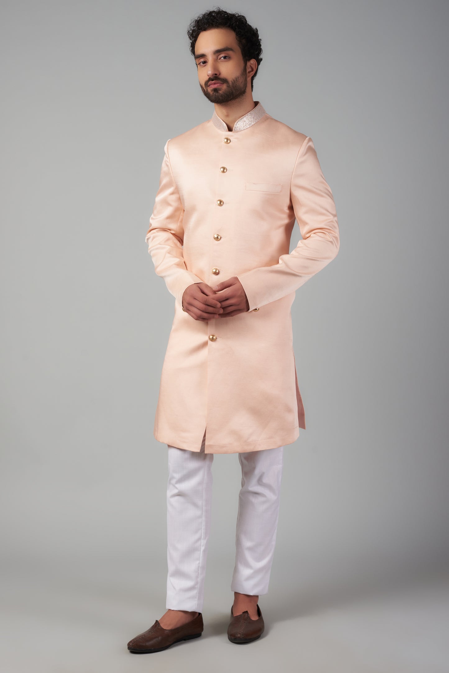 Pink Linen Satin Sherwani with Sequin Embroidery