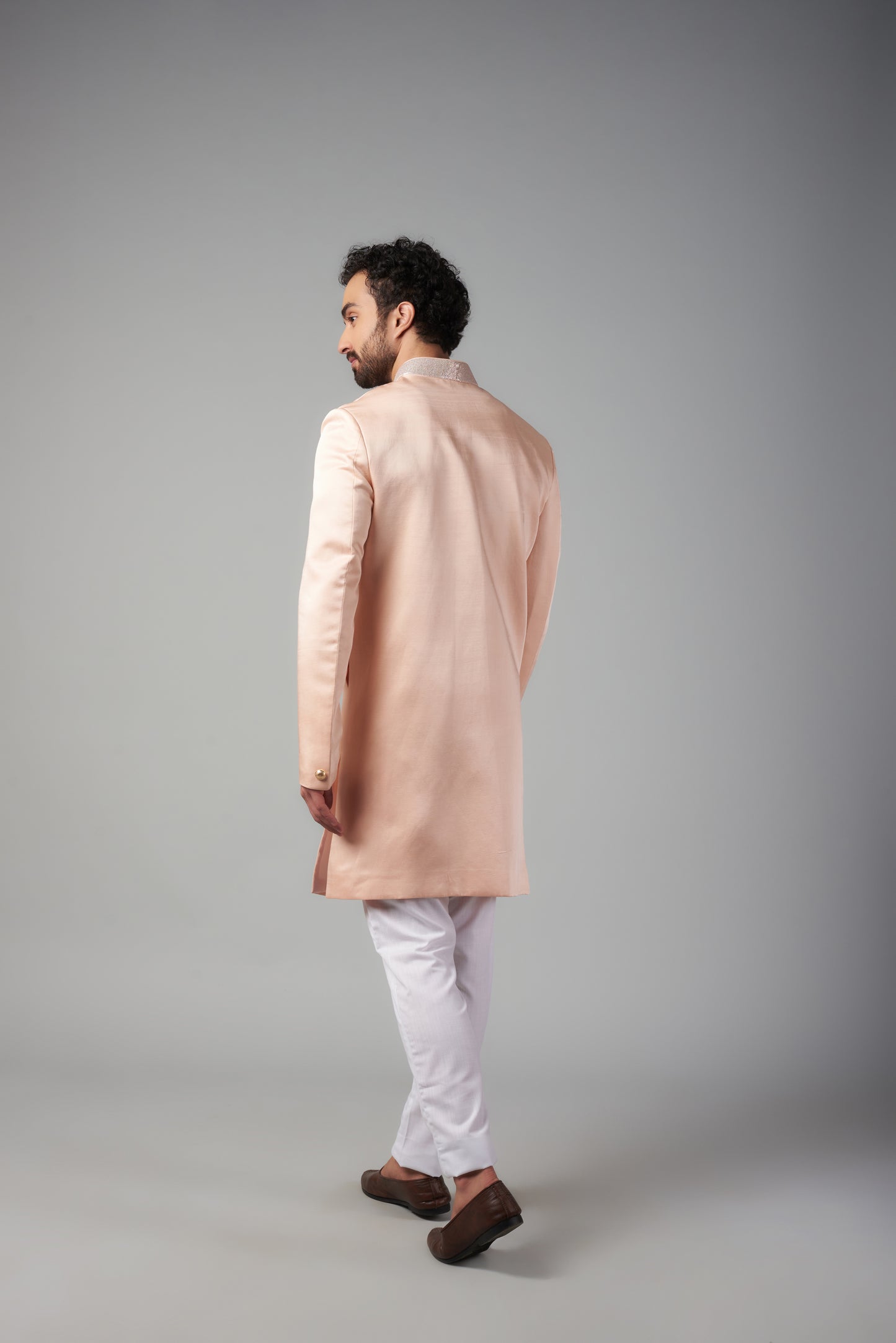 Pink Linen Satin Sherwani with Sequin Embroidery