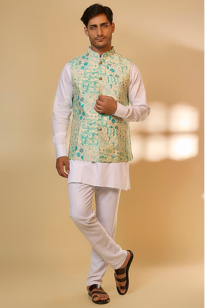 Blue Botanical Print Jacket Kurta Set