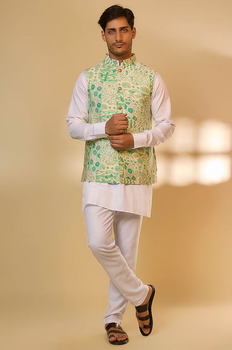 Green Botanical Print Jacket Kurta Set