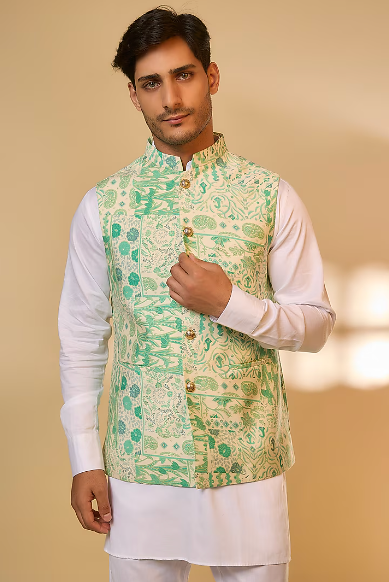 Green Botanical Print Jacket Kurta Set
