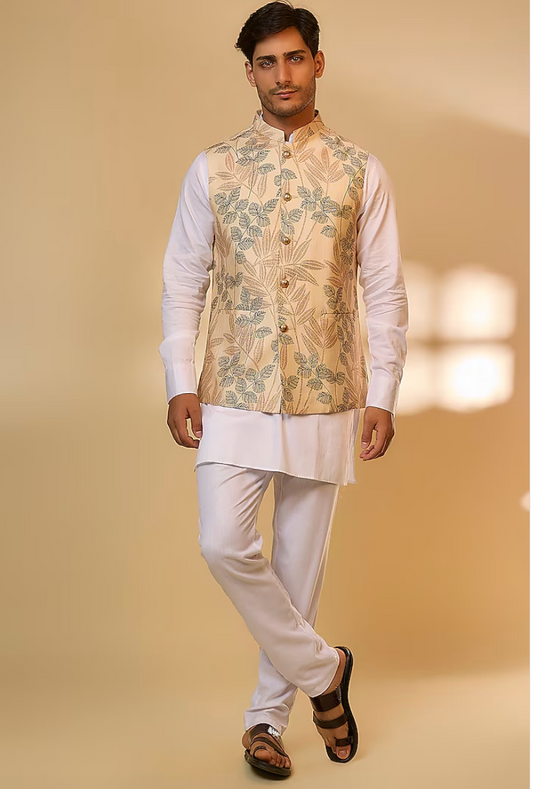 Cream Tropical Print Jacket Kurta Set