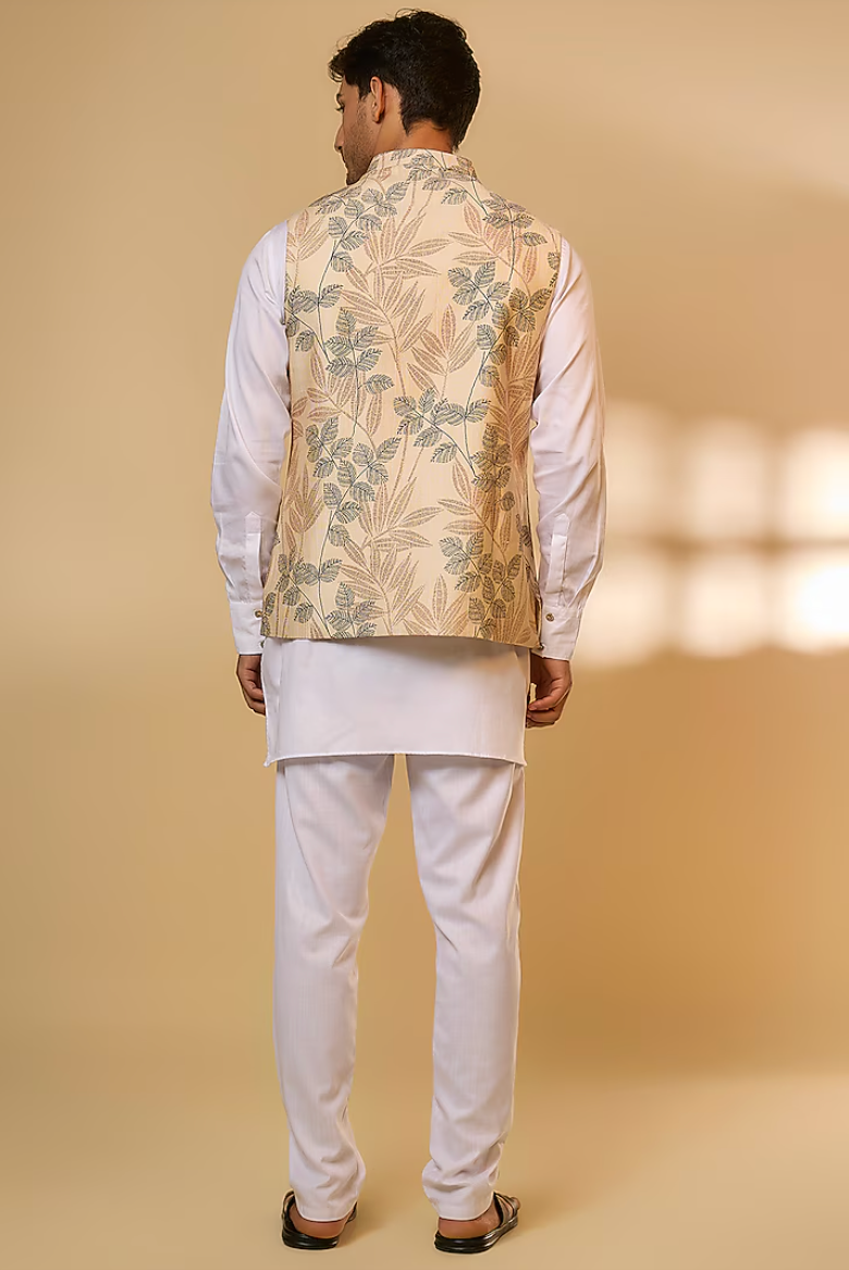 Cream Tropical Print Jacket Kurta Set