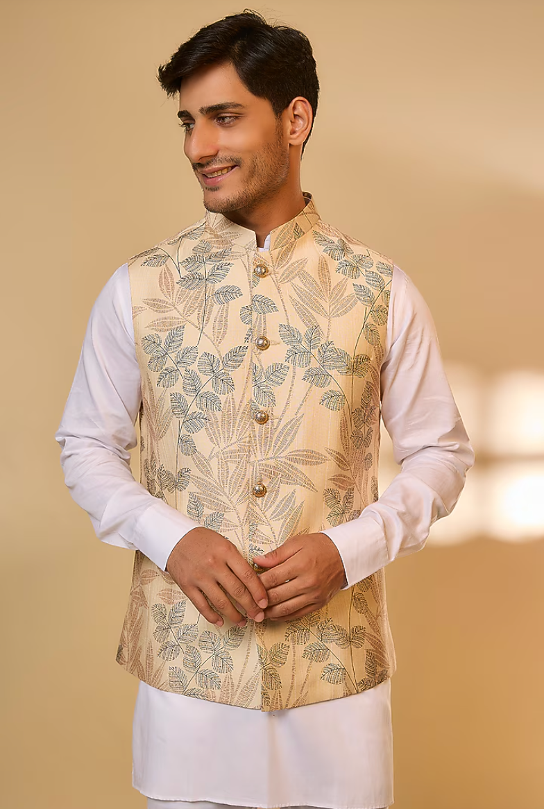 Cream Tropical Print Jacket Kurta Set