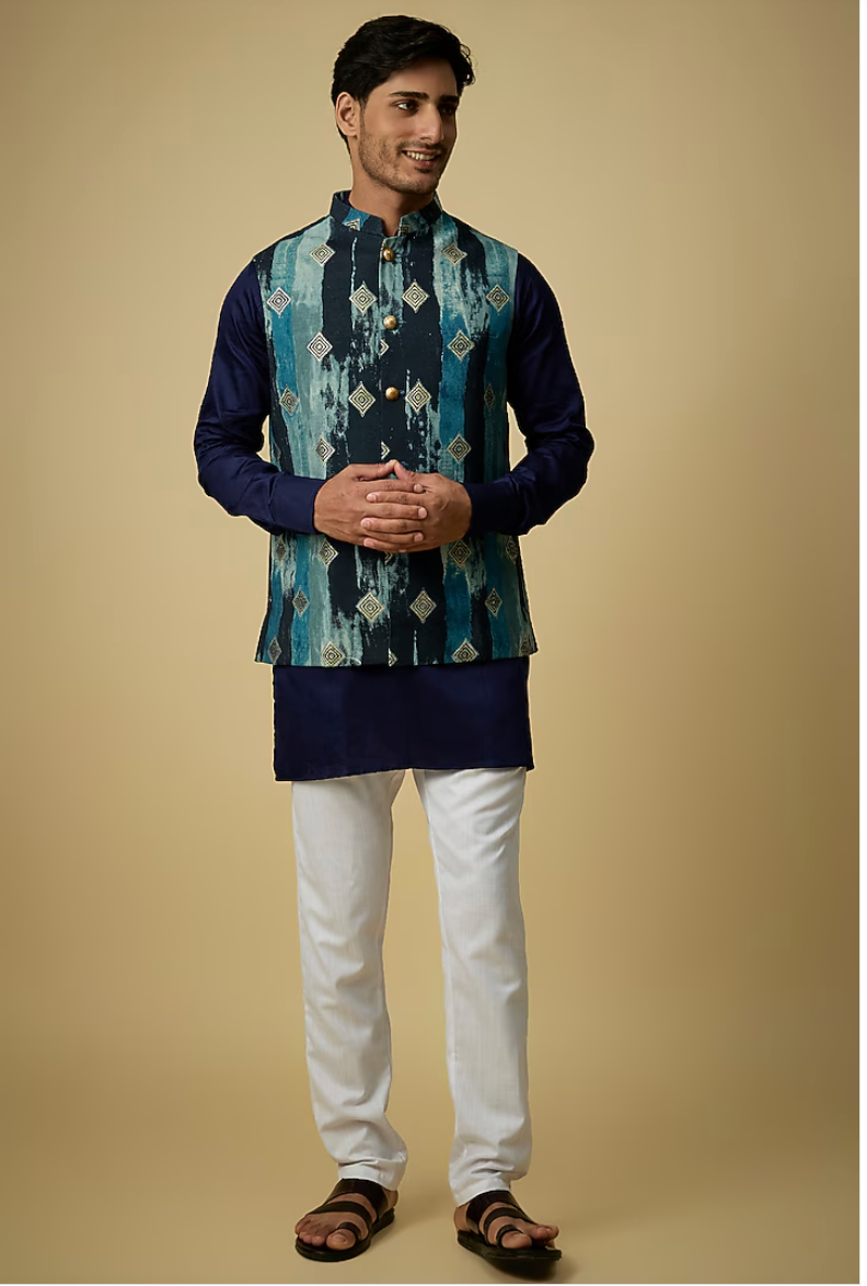 Navy Digital Print Jacket Kurta Set