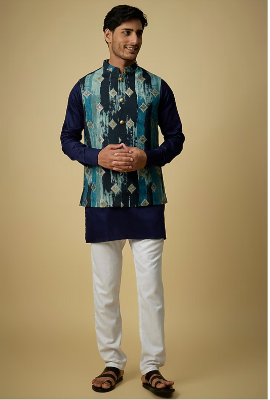 Navy Digital Print Jacket Kurta Set