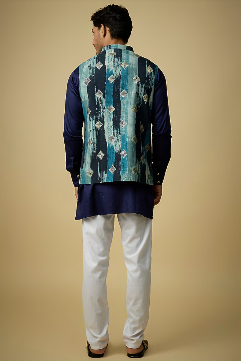 Navy Digital Print Jacket Kurta Set