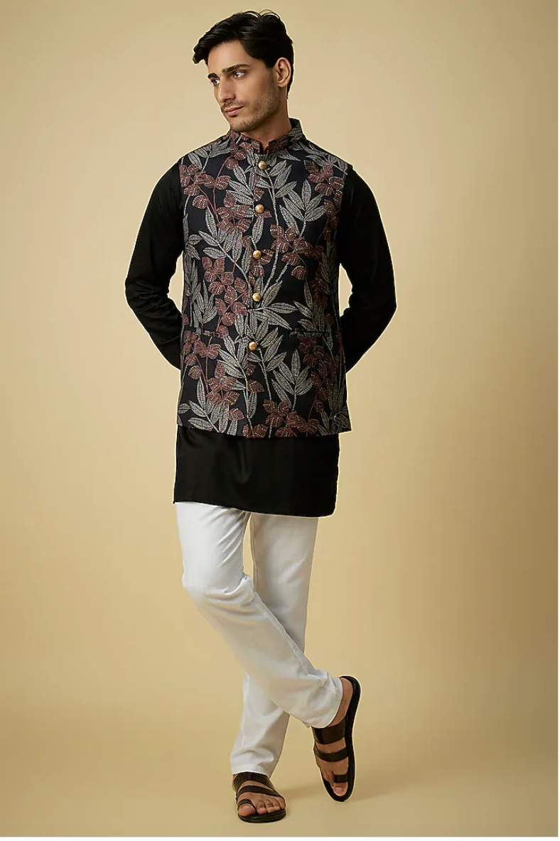 Black Tropical Print Jacket Kurta Set