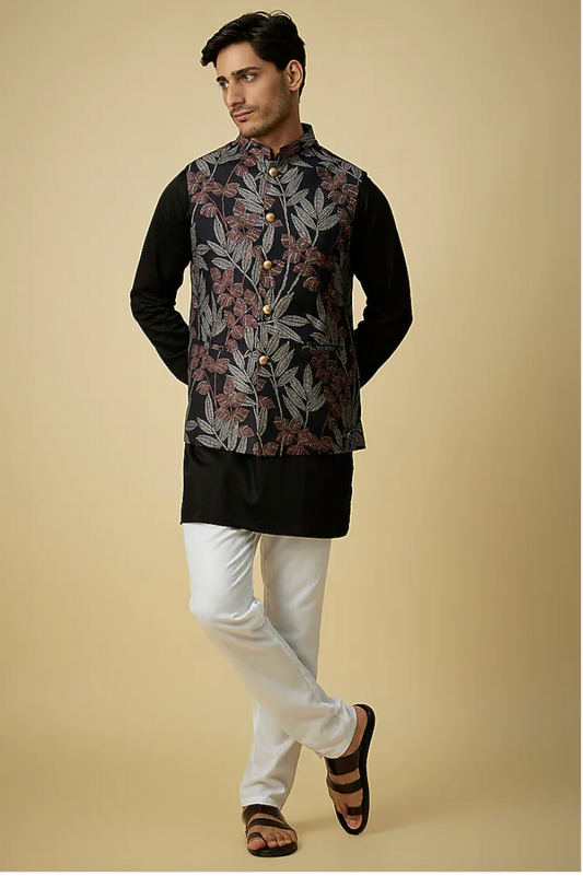 Black Tropical Print Jacket Kurta Set