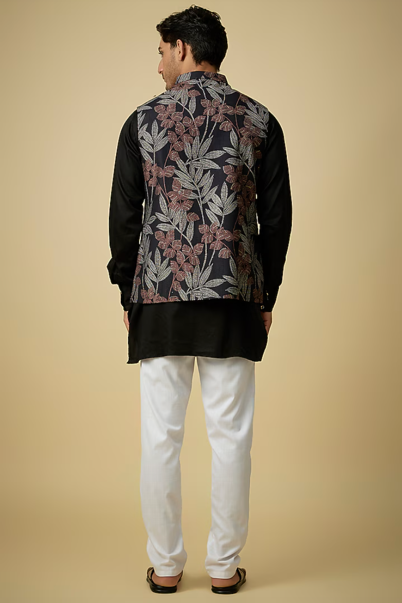 Black Tropical Print Jacket Kurta Set