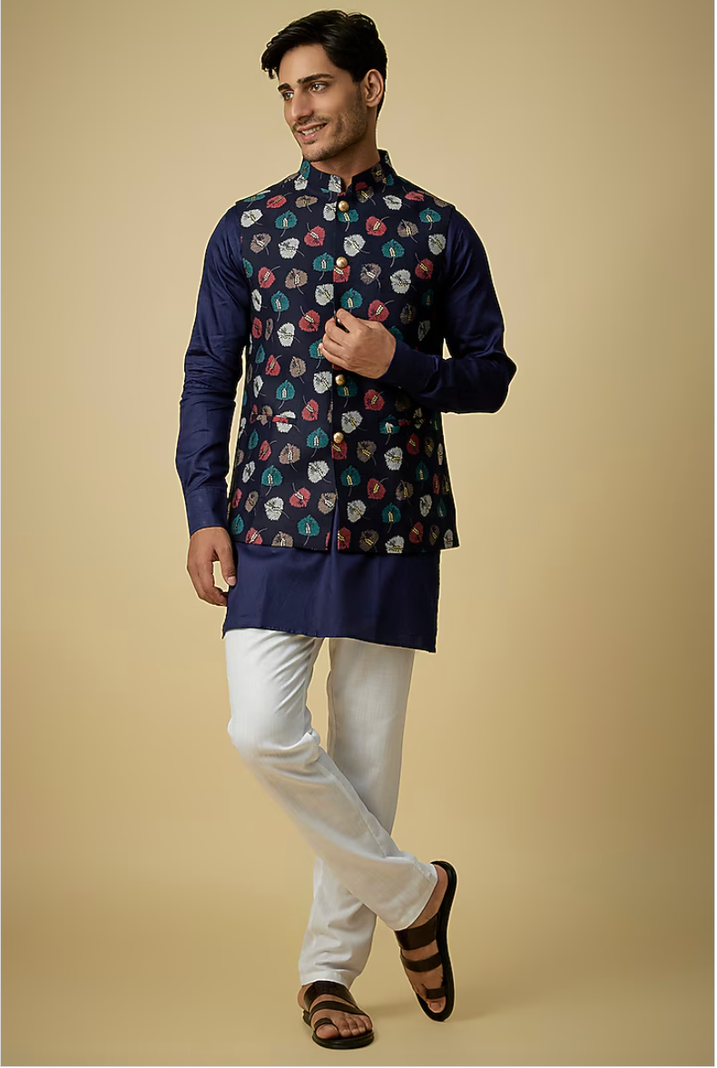 Navy & Gold Leaf Print Jacket Kurta Set