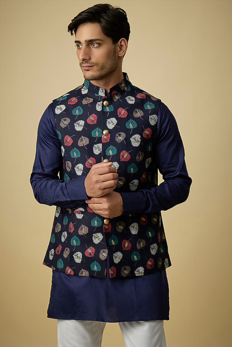 Navy & Gold Leaf Print Jacket Kurta Set