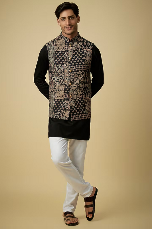 Black & Gold Paisley Print Jacket Kurta Set