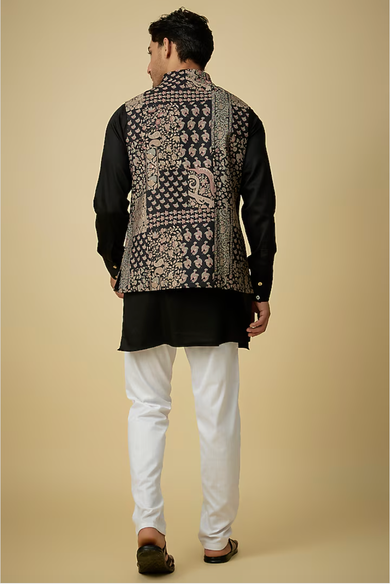 Black & Gold Paisley Print Jacket Kurta Set