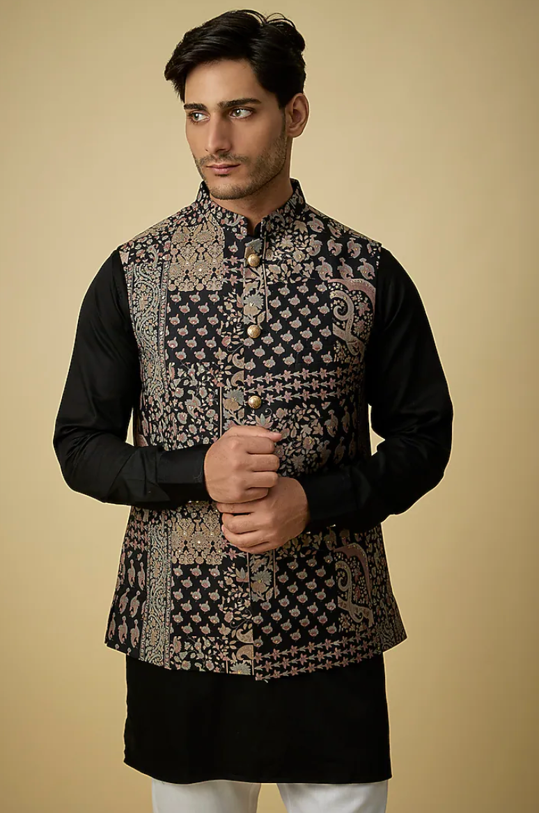 Black & Gold Paisley Print Jacket Kurta Set