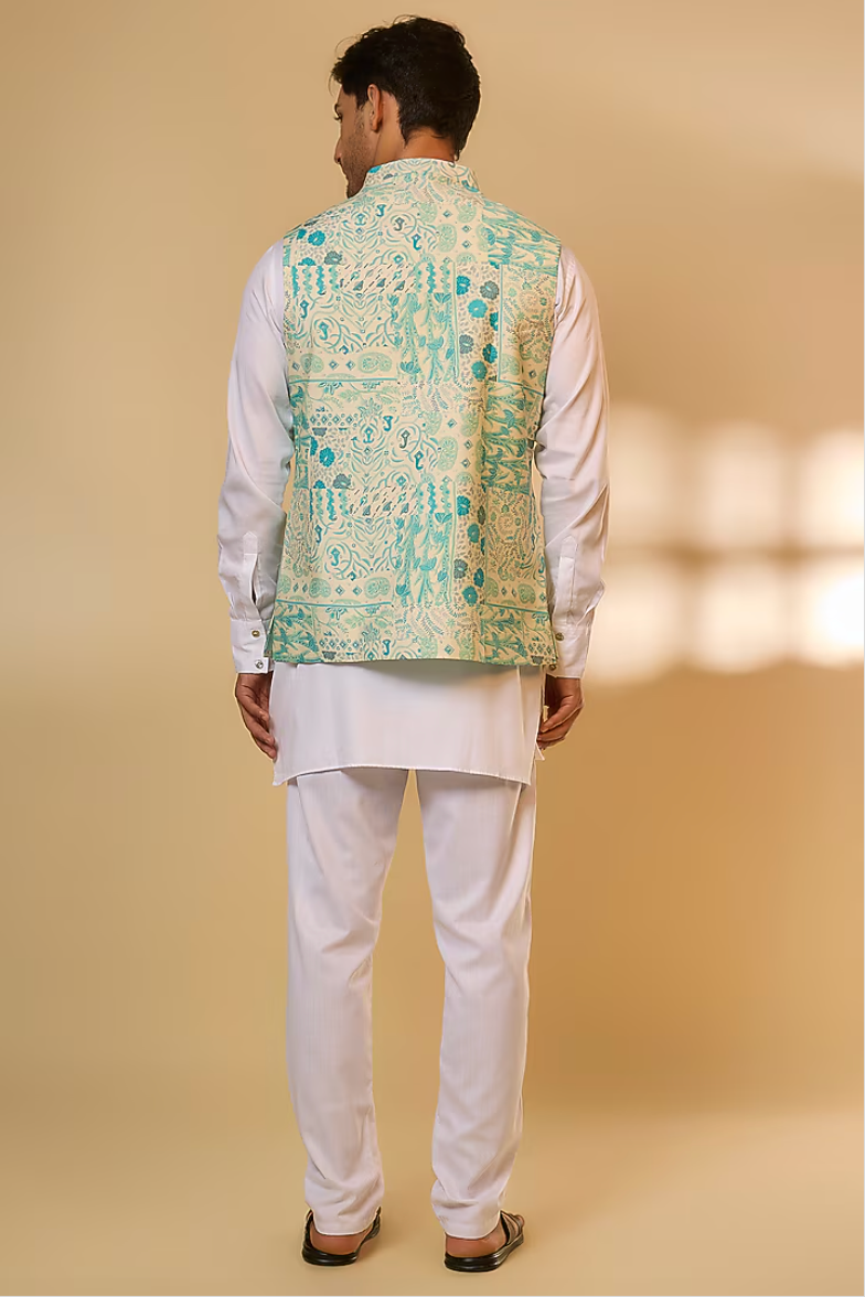 Blue Botanical Print Jacket Kurta Set