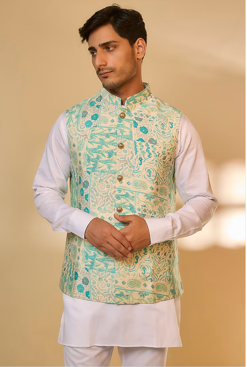 Blue Botanical Print Jacket Kurta Set