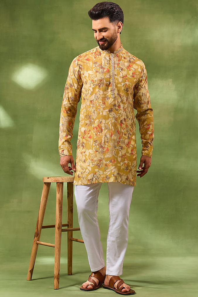 Yellow Botanical Print Kurta Set