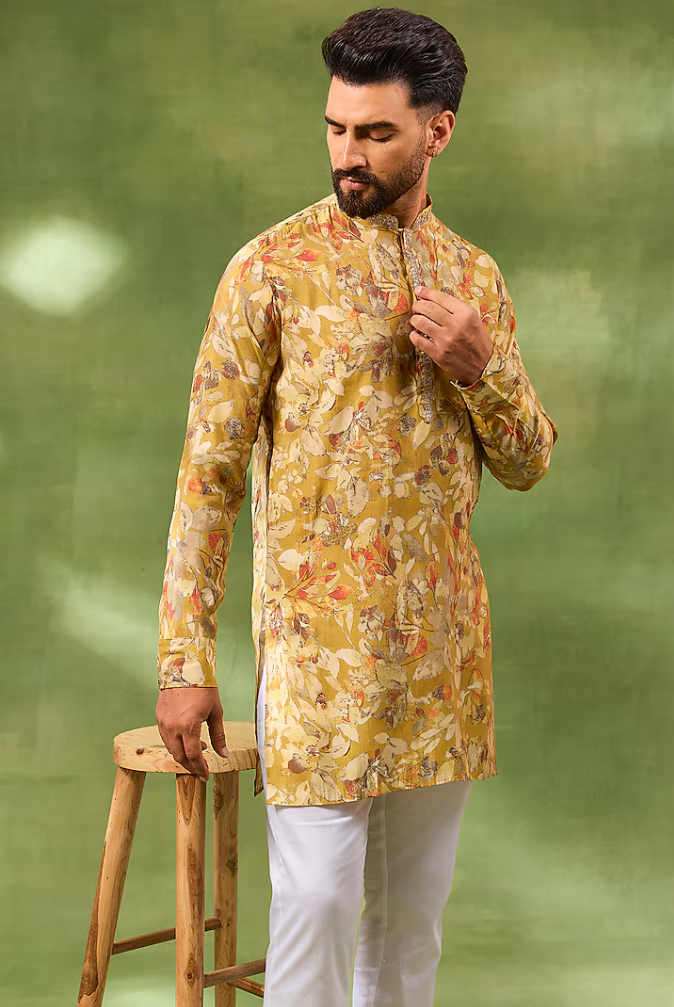 Yellow Botanical Print Kurta Set