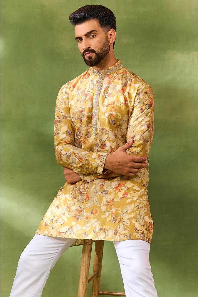 Yellow Botanical Print Kurta Set