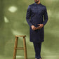 Navy & Gold Floral Jacquard Sherwani Set