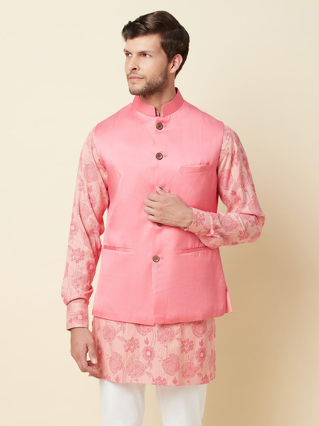 Pink Floral Print Kurta Set with Bundi Jacket - Spring Break