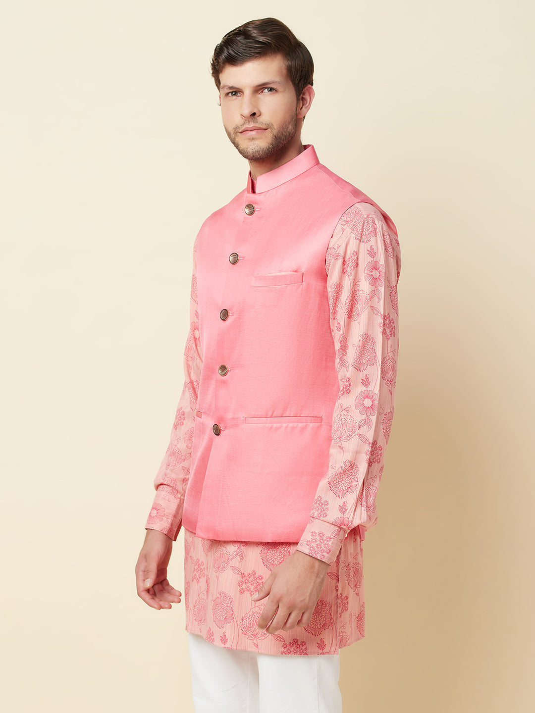 Pink Floral Print Kurta Set with Bundi Jacket - Spring Break