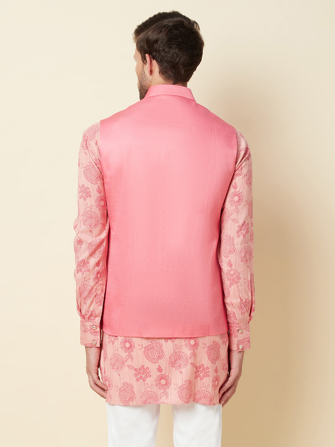 Pink Floral Print Kurta Set with Bundi Jacket - Spring Break