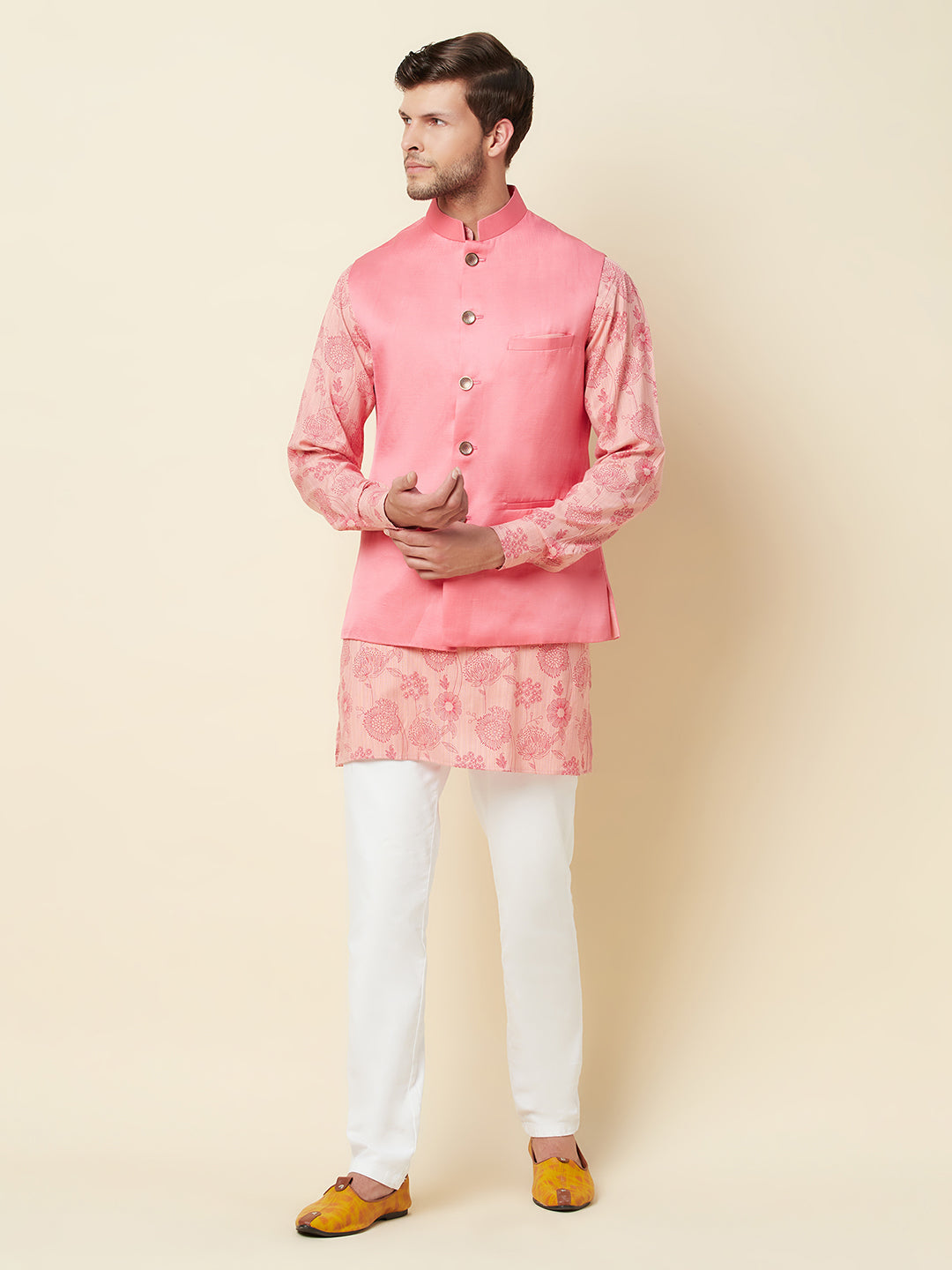 Pink Floral Print Kurta Set with Bundi Jacket - Spring Break